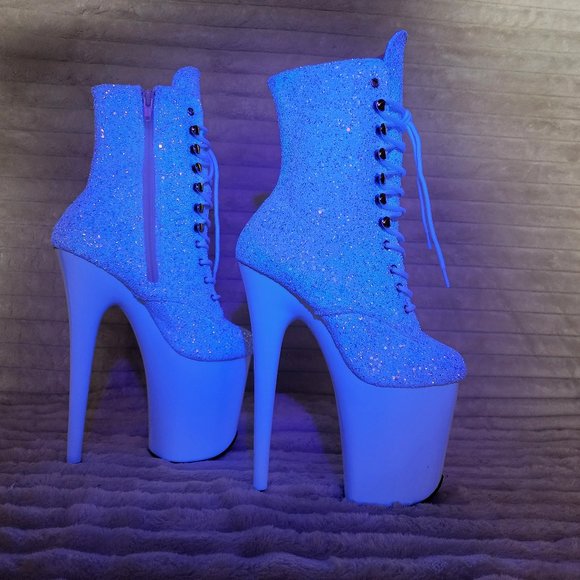 White Ice UV Glitter 8" Platform Heel Ankle Boots Flamingo - Picture 12 of 12